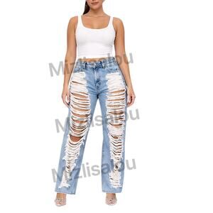 Good American Khloe Distressed Shred Jeans Light Wash Size 14 NWT